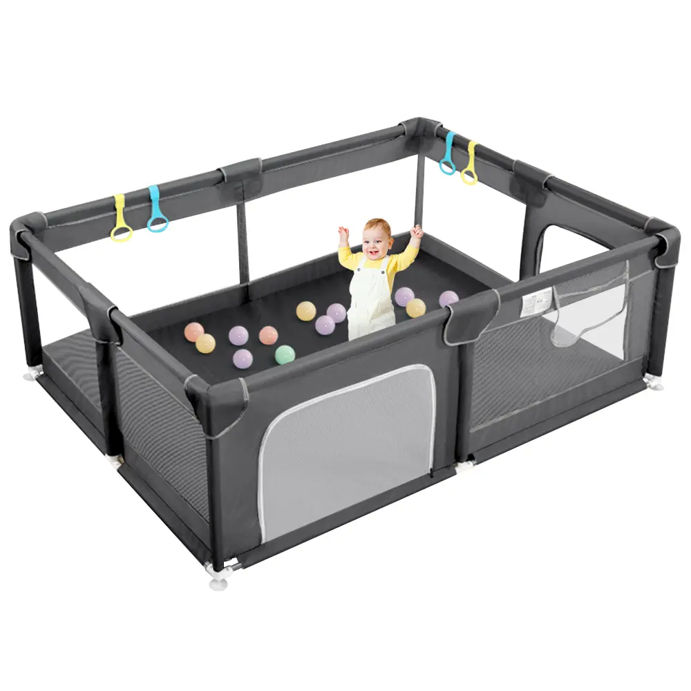 BIOBY Portable Baby Playpen, 74" x 50" x 26" Extra Large Playard, Soft Mesh Sturdy Pipe Ample Space for abies and Toddler, Safe and Non-Slip Baby Fence, Full Mesh Design, Indoor & Outdoor Kids Activity Center, Portable Travel Design, Dark Grey