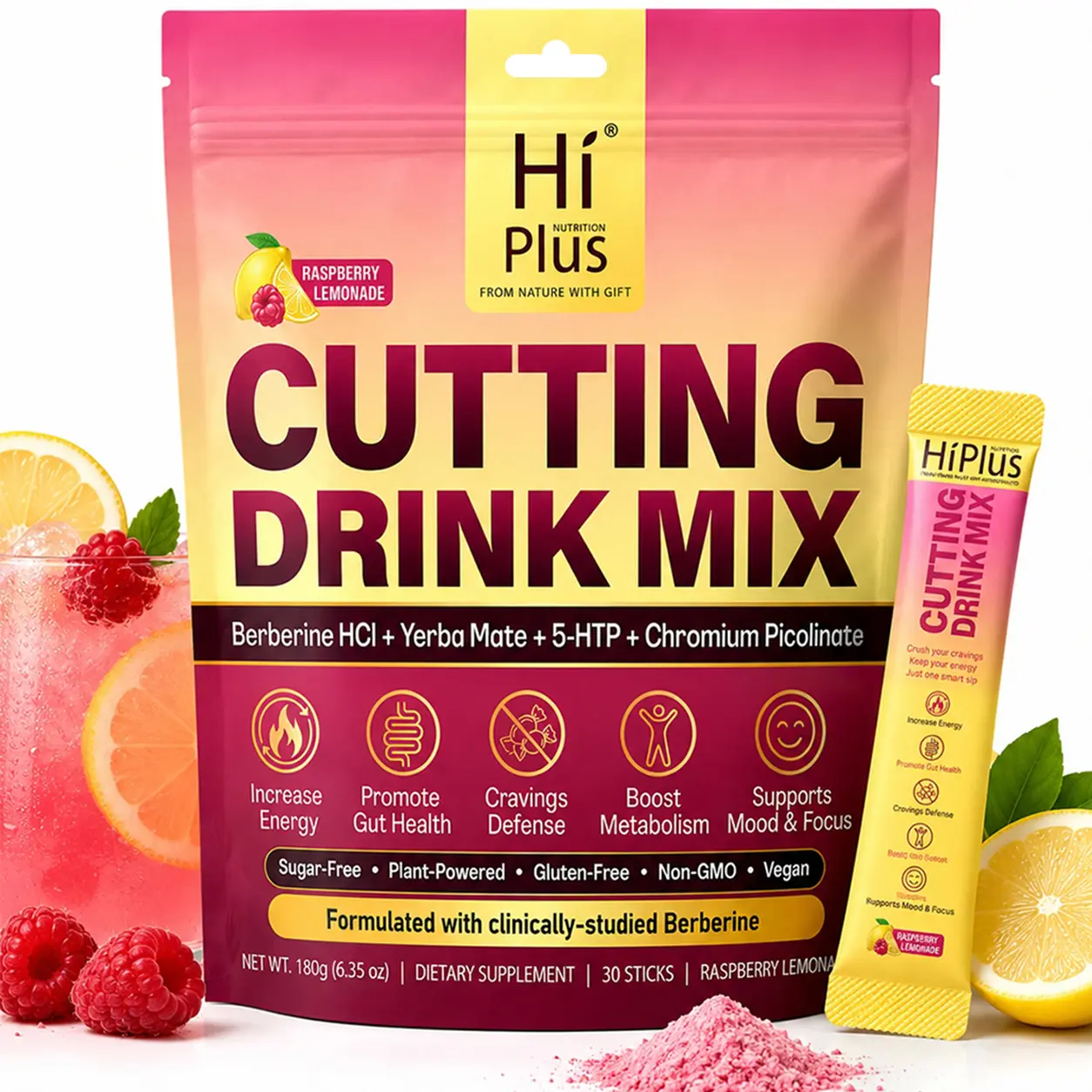 HiPlus Cutting Drink Mix – with Magnesium, Berberine, Chromium, Vitamin D3, 5-HTP & FOS | Sugar-Free, Vegan, Non-GMO, Gluten-Free, Raspberry Lemonade - 30 Servings