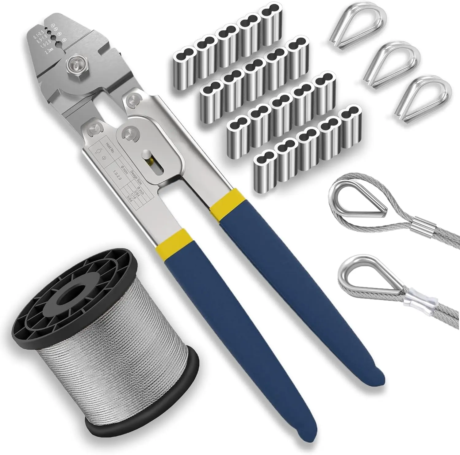 GJANSH Wire Rope Crimping Tool Kit, 100FT Stainless Steel Cable, 100PCS Aluminum Crimping Loop Sleeve, Wire Rope Thimble