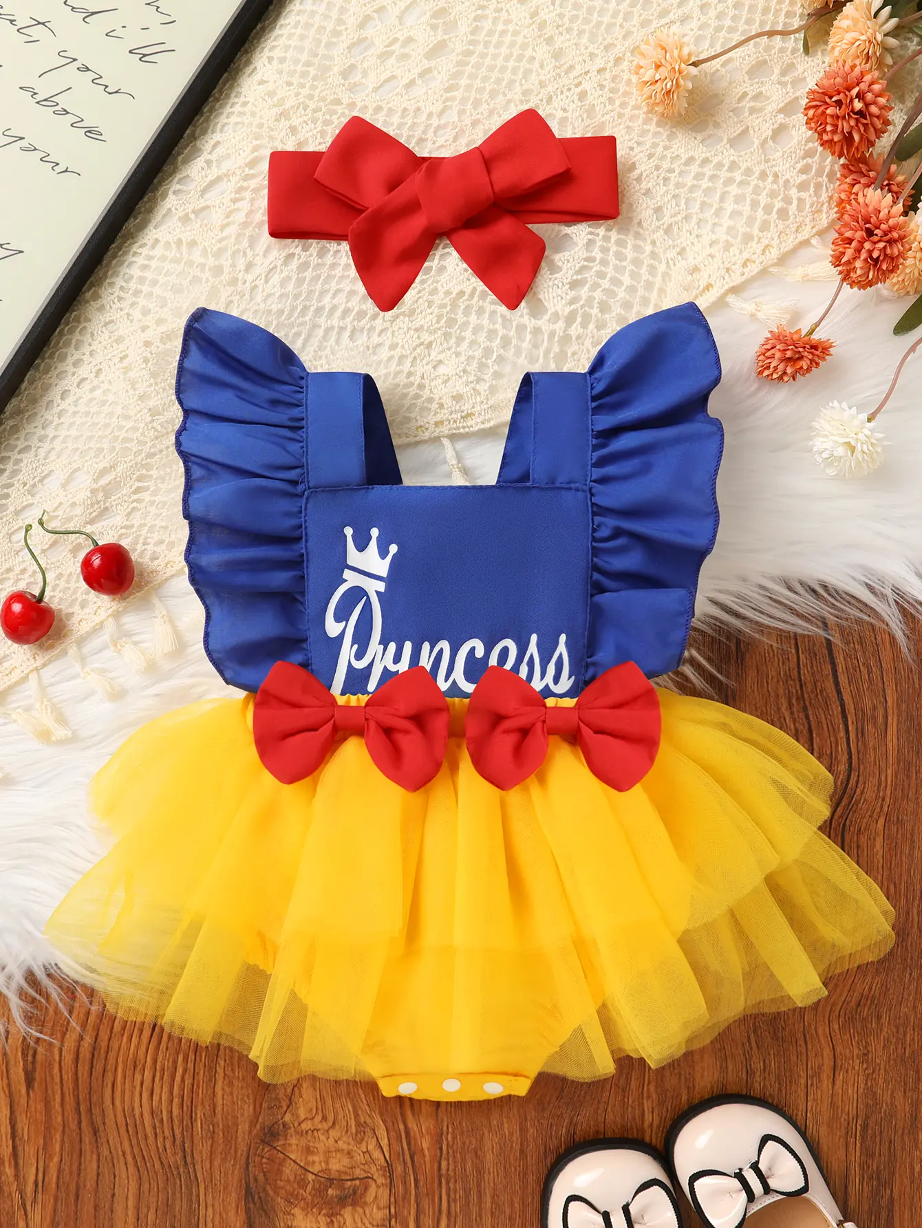 2pcs,Baby Girl Clothing,Casual,cute,Soft,comfortable,Crown-print letter print bow-decorated multi-layered ruffled mesh jumpsuit dress and headband,Newborn baby girl clothes,Suitable summer for everyday wear,parties,photo shoots,outdoor activities