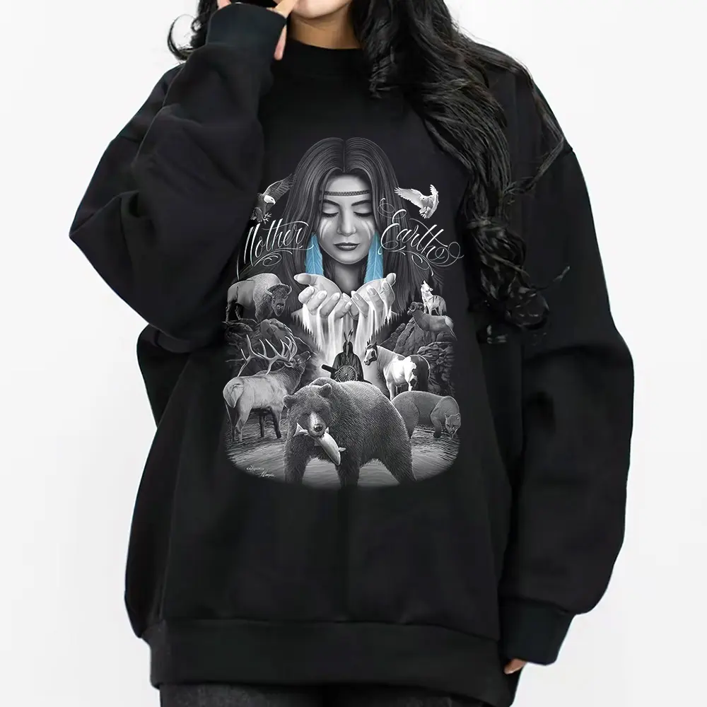Mother Earth Native American Indian Moon Wolf, Chicano Clothing, Cholo, Gangster clothes, Hoodies for men, Men's clothing, Streetwear, Lowrider, Graphic tee, Men gifts Fabric Menswear