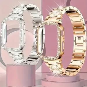 Suitable For Apple Watch Ultra/Ultra 2 10//8/7/6/5/4/3/2/1/SE Starry Sky Full Diamond+Double Row Diamond Fashionable And Beautiful Shining Watch Case Strap+Case 38/40/41/42/44/45/49mm