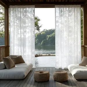 1pc Bohemian Style Outdoor Balcony Curtain, European Vintage Embroidery, Semi-Transparent Soft Fabric, Pole Bag Design, Sunscreen Breathable