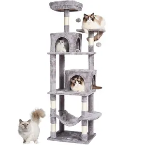 VEVOR Cat Tree for Indoor Cats,  63" Cat Tower with 2 Cat Condos, Sisal Scratching Post, Hammock, Top Perch, Jumping Platforms, Large Cat Furniture Activity Center with Hang Ball, Light Grey