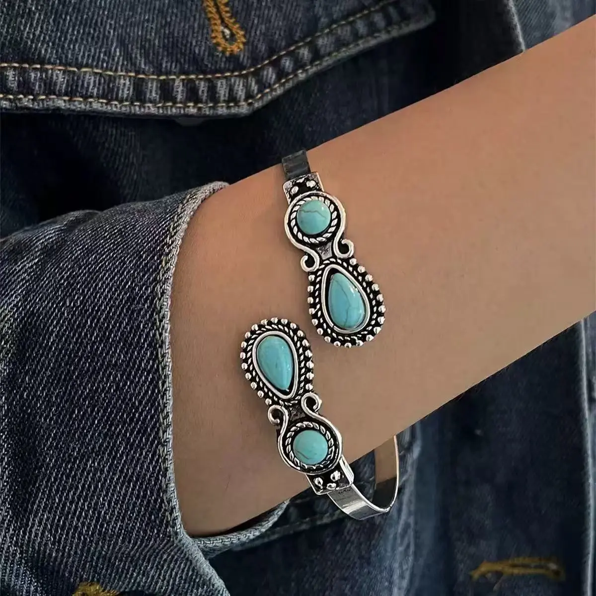 Women's Vintage Silver Adjustable Boho Open Cuff Bracelet with Turquoise Stone - Fashion Costume Jewelry Gift