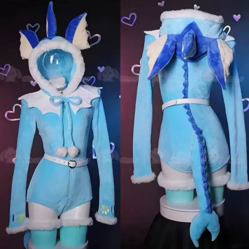 Anime Vaporeon Cosplay Costume Women Sexy Flannel Hooded Bodysuit Tail Socks Suit Bunny Girl Kawaii Plush Pajama