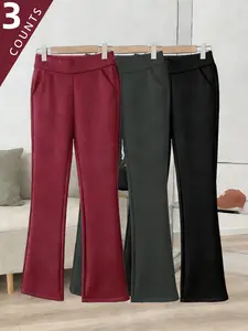 Women's Plus Size Cozy Fleece-Lined Flare Pants - 3PCS, High Waist, Soft Warm Thermal, With Pockets, For Winter Daily Activities Womenswear Flared Bottom