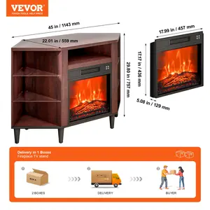 VEVOR Electric Fireplace TV Stand, Corner TV Stand for TVs up to 50, Corner Console with 18 Fireplace, Vintage Design, 20 LED Lights, Remote Control Timer for Living Room, Brown