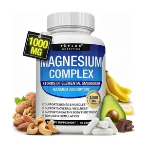 Toplux High-Potency Magnesium Complex Supplement 8Elemental 1000mg - Magnesium Glycinate, Citrate, Malate,Taurate, Chelated for Easy Absorption for Bones, Muscle,Recovery, Energy, Vegan Non-GMO, 90 Capsulesmagnesium complex for women and men Healthcare