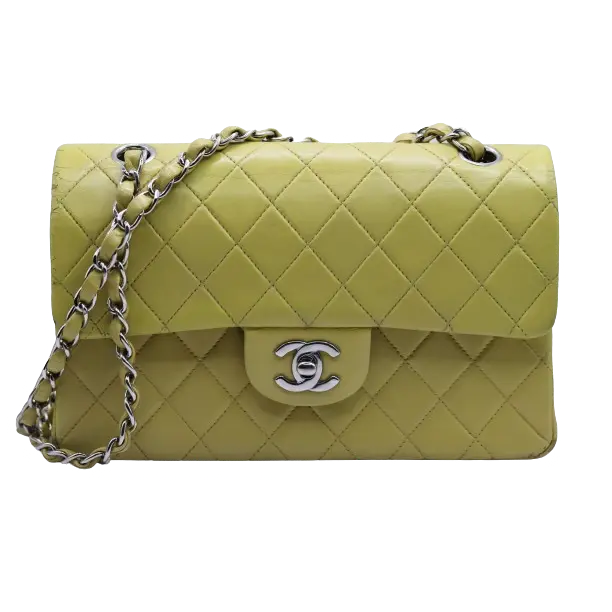 Pre-owned CHANEL Lambskin Leather Shoulder Bags Small Vintage Classic Double Flap Bag Yellow Silver Hardware