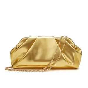 Wrinkled cloud bag for women, fashionable silver hand-held small square bag, versatile chain crossbody bag, luxurious banquet handbag