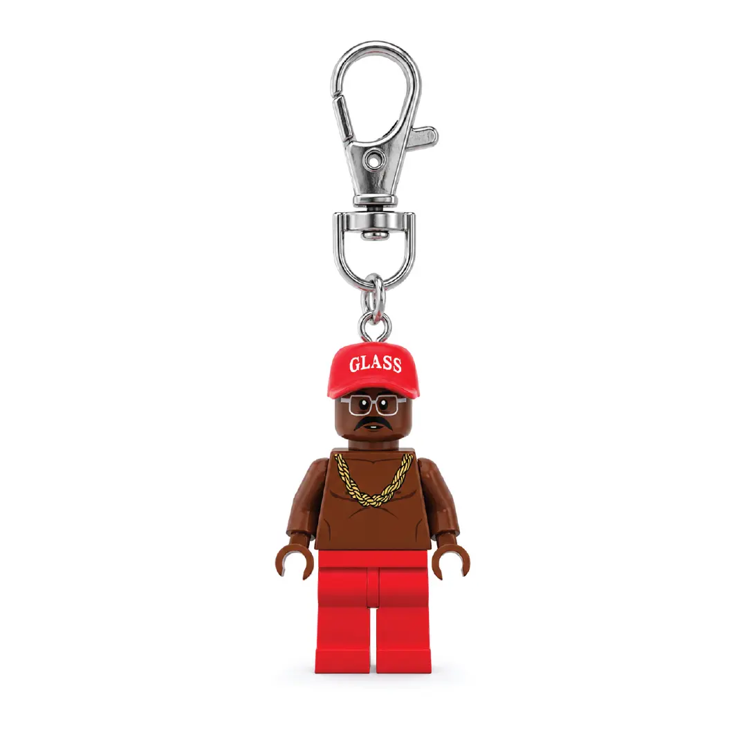 Keychain - Red Hat with "Glass" Text, Brown Body, Red Pants, Gold Chain, Silver Hook, Fun Accessory for HipHop Fans