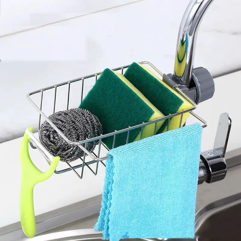 Adjustable Detachable Sponge & Soap Organizer with Rustproof Stainless Steel Sink Rack, Towel Hook - Universal Kitchen Sink Faucet Accessory for Bathroom & Kitchen Use