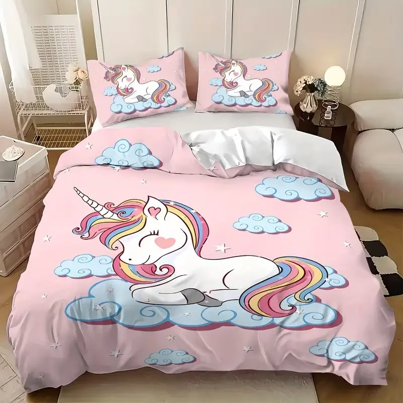 3pcs Heart Unicorn Bedding Set, One Fitted Sheet and Two Pillowcases, Polyester Fabric, Soft and Breathable, All Seasons Use, Decorative Bedding Set, Soft Bedding Sets, Cute Bedding