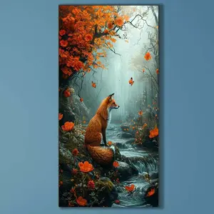 5D DIY Full Drill Round Diamond Painting - Diamond Art Kit Fox Stream Maple Leaf Mosaic, Canvas - DIY Decorative Painting, Home Wall Decor, Suitable for Halloween and Christmas, Birthday and Anniversary Gifts, Handicraft