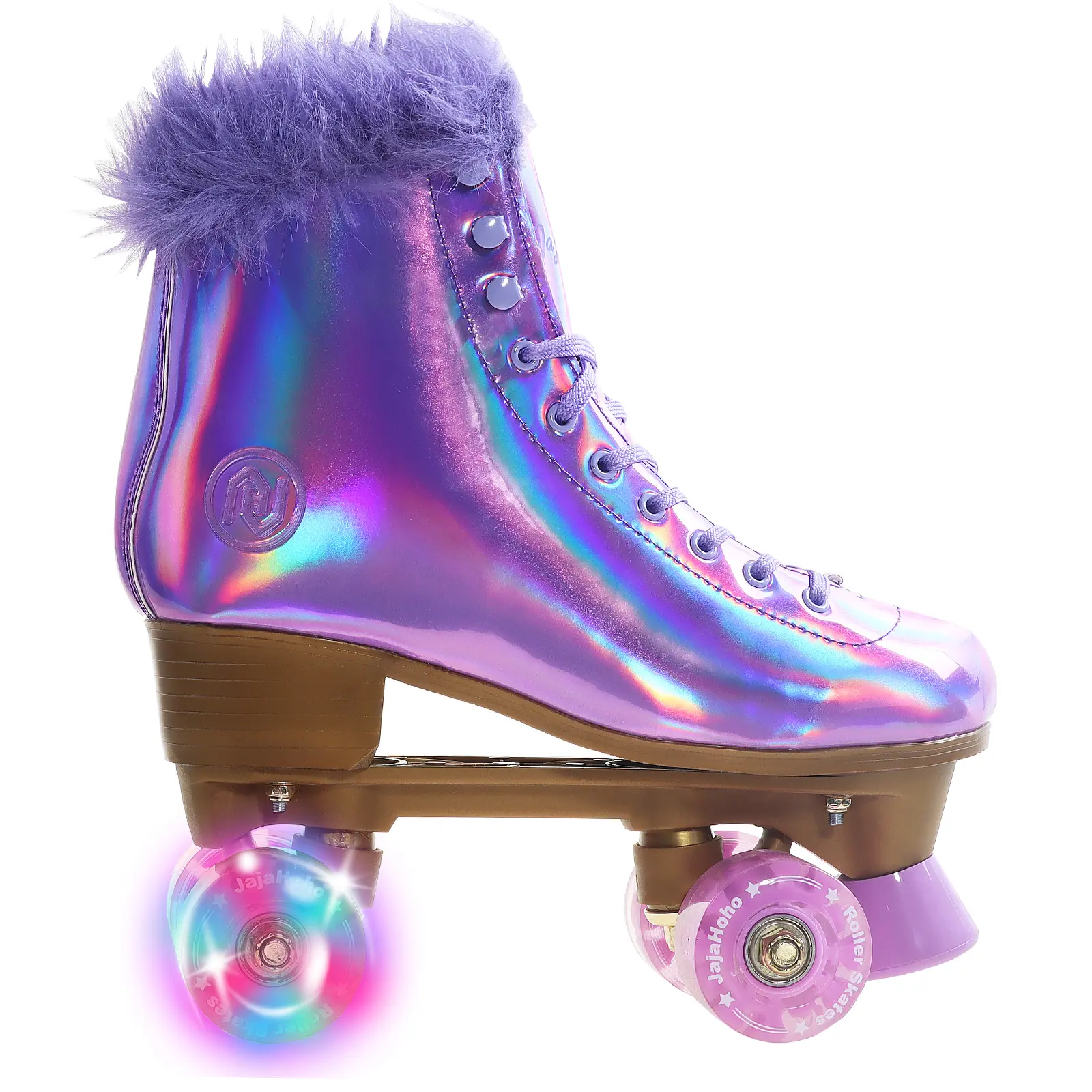 JajaHoho Roller Skates for Women, Holographic High Top Classic Rollerskates, Shiny Double-Row Purple Four Light Up Wheels Quad Skates for Girls Indoor & Outdoor Lilac