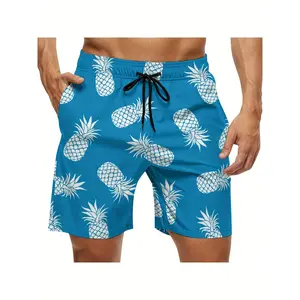 Men's Quick-Dry Pineapple Print Swim Trunks - Stretch Soft Lightweight Polyester Beach Shorts with Adjustable Drawstring Waist, Bohemian Style for Surfing, Vacation (Blue, Sizes X-2XL)