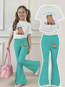 Girls' Casual Cartoon Capybara Print Short Sleeve & Bell Bottoms Set, Breathable Fitted for All Seasons, Cute and Comfortable, Cute Clothing Set