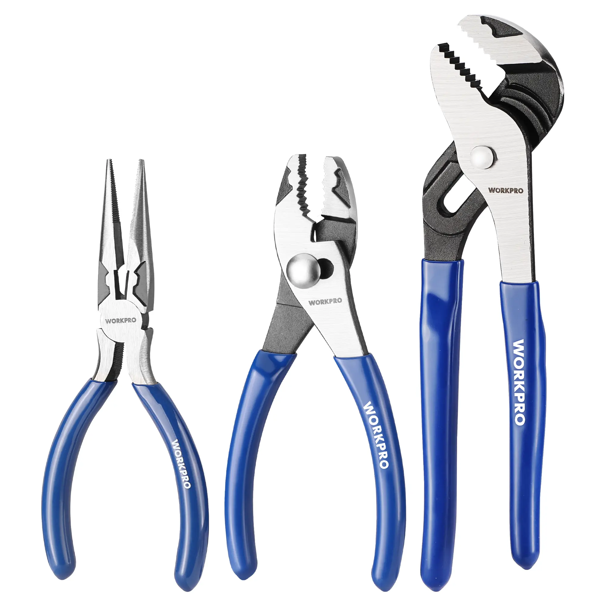 #BacktoSchool WORKPRO Pliers Set, 3-Pack Plier Tool Set with Soft Handle, 6" Needle Nose, 6" Slip Joint, 8" Groove Joint Plier for DIY & Home Use