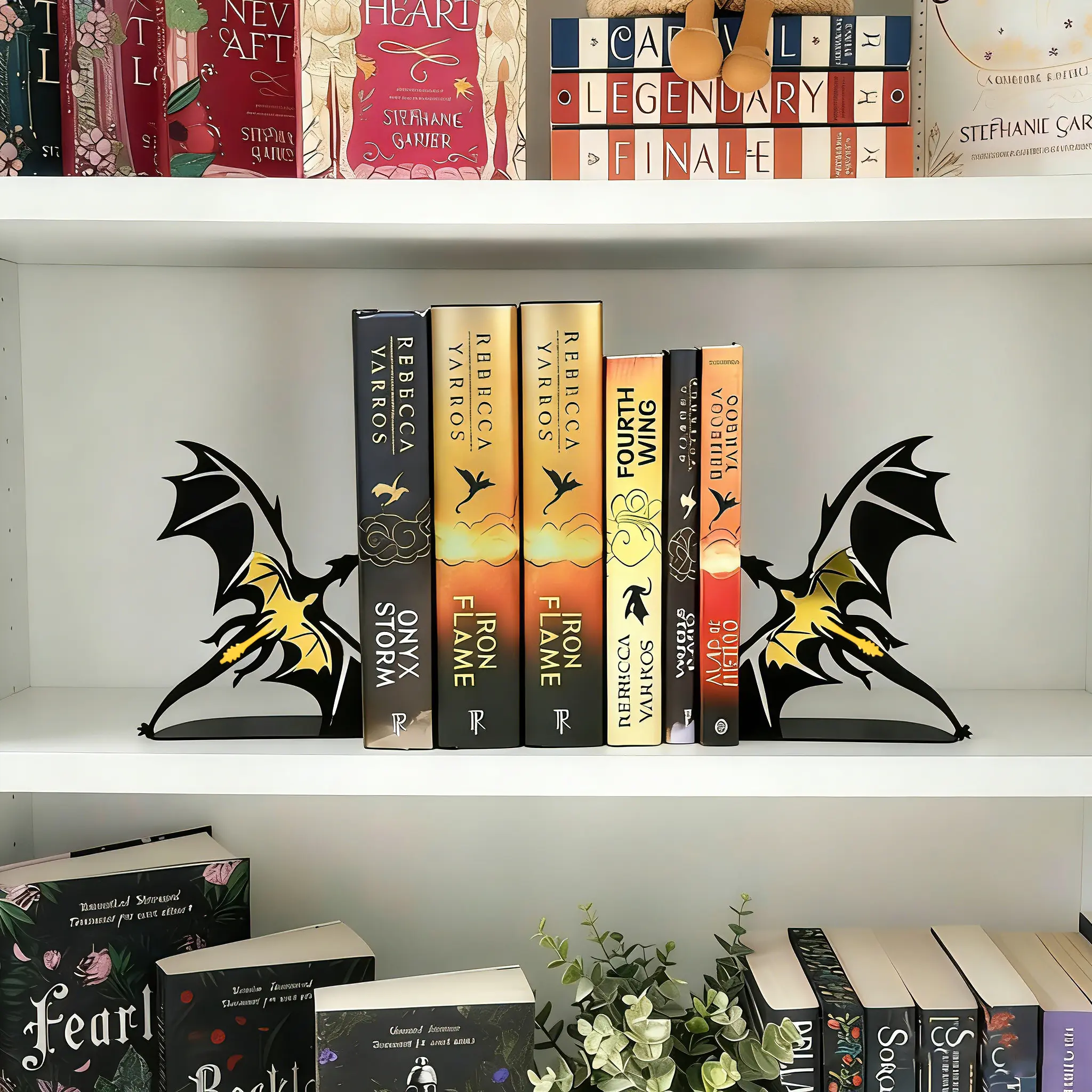 Fourth Wing Dragon Wing Decorative Bookends - 1.5mm Heavy-Duty Metal Book Ends with Anti-Slip Base, Fantasy Office Desk Organizer for Books, Notebooks, Decorative Book Ends