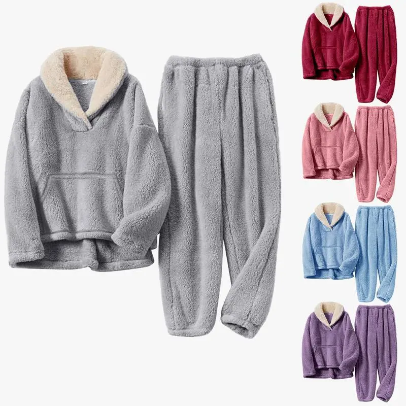 Women's Fluffy Pajama Set Fleece Pullover Pants Fuzzy Lounge Set Cozy Winter Pj Sleepwear with Pockets