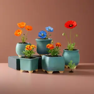 5-Pack Vintage Teal Glaze Ceramic Light-Glazed Flower Pots - Mixed Shapes (Round/Square), Footed Base, Perfect For Poppies/Marigolds/Small Plants, Stylish Indoor Outdoor Garden Decor Planters