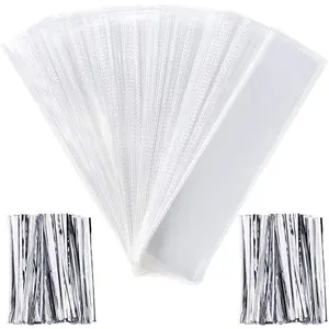200 count Pretzel Bags 2 x 10 Inches Clear Pretzel Individual Rod Cellophane Rectangle Plastic  Bags for  Candies Cookies with 200 count Twist Ties( Ties)