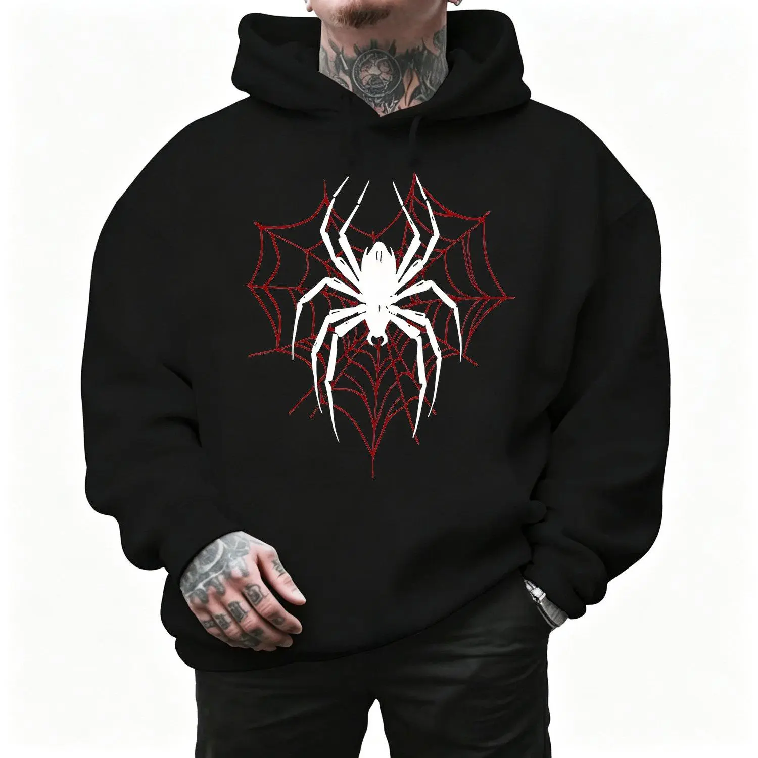 "Cozy Spider" Mens Sports Hoodie Long Sleeve Casual Fall Winter Clothing Machine Washable Durable Fabric Kangaroo Pocket Pullover Red Web Print