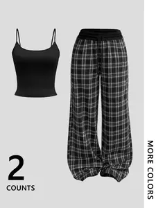 Women's Tank Top & Plaid Pants Set, Casual Outfit Set, Casual Fitted Short Sleeve, Comfortable All-Day Wear, Perfect for Daily Activities, Coord Sets