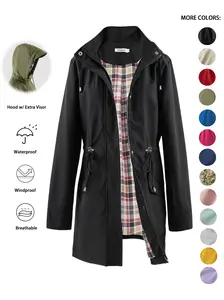 POLYDEER Women's Waterproof Solid Color Zip Up Hooded Long Rain Coat Casual Long Sleeve Windproof Outdoor Hiking Jacket Check Lined Lightweight Trench Coat for Spring