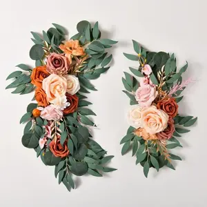Contemporary Dusty Rose-Blue Eucalyptus Wedding Arch Kit, Boho Floral Garland With Drapes, Ceremony Decoration, Welcome Sign Arrangement