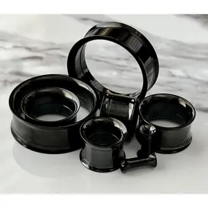 PAIR of Black PVD Plated 316L Surgical Steel Internally Threaded Tunnels/Plugs  - Gauges 8g (3.2mm) thru 1" (26mm)
