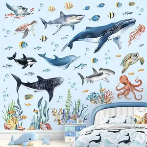 Underwater Animal Stickers, Fish Turtle Whale Wall Decals, Ocean Decor for Bathroom Bedroom Living Room, Home Decoration Accessories, Waterproof Wall Sticker