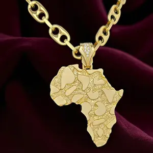 MaxBling81 Iced Africa Map Cuban Chain Pendant, Gold-Plated Unisex Hip Hop Statement Necklace with Cubic Zirconia, 12mm Mariner Link Chain (20"/24"/30" Lengths), Daily Wear Costume Jewelry