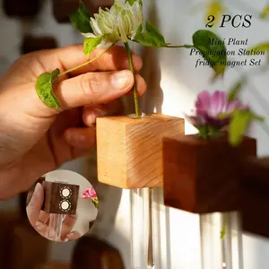 2 PCS Mini Plant Propagation Station fridge magnet Set - for Window, Fridge, Wall, Office, Kitchen Decor, Home Plant Display,Inculd Glass Test Tube Vases Magnet and Adhesive Backed Wooden Holders,Hydroponics Plants Flower Display Home Decoration