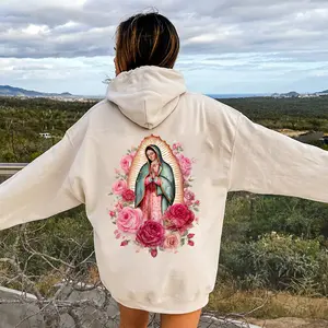 Virgin Mary Guadalupe Hoodie, Pink Rose Our Lady Sweatshirt, Catholic Christian Hoodie for Women Men, Religious Faith Pullover, Spiritual Gift