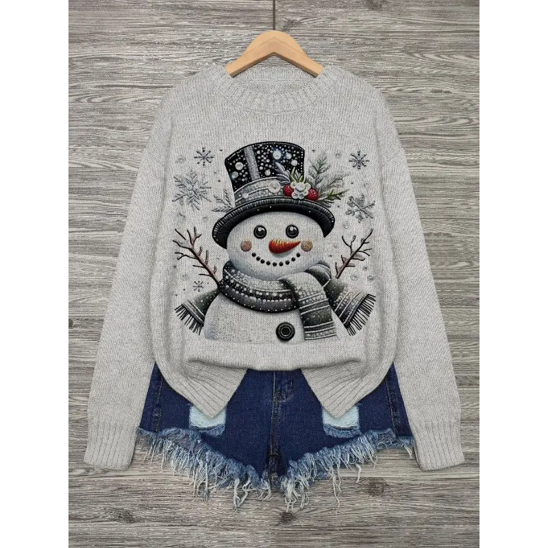 [festive christmas gift] Women's Casual Long Sleeve Christmas Snowman Pattern Knitted Crew Neck Pullover Sweater