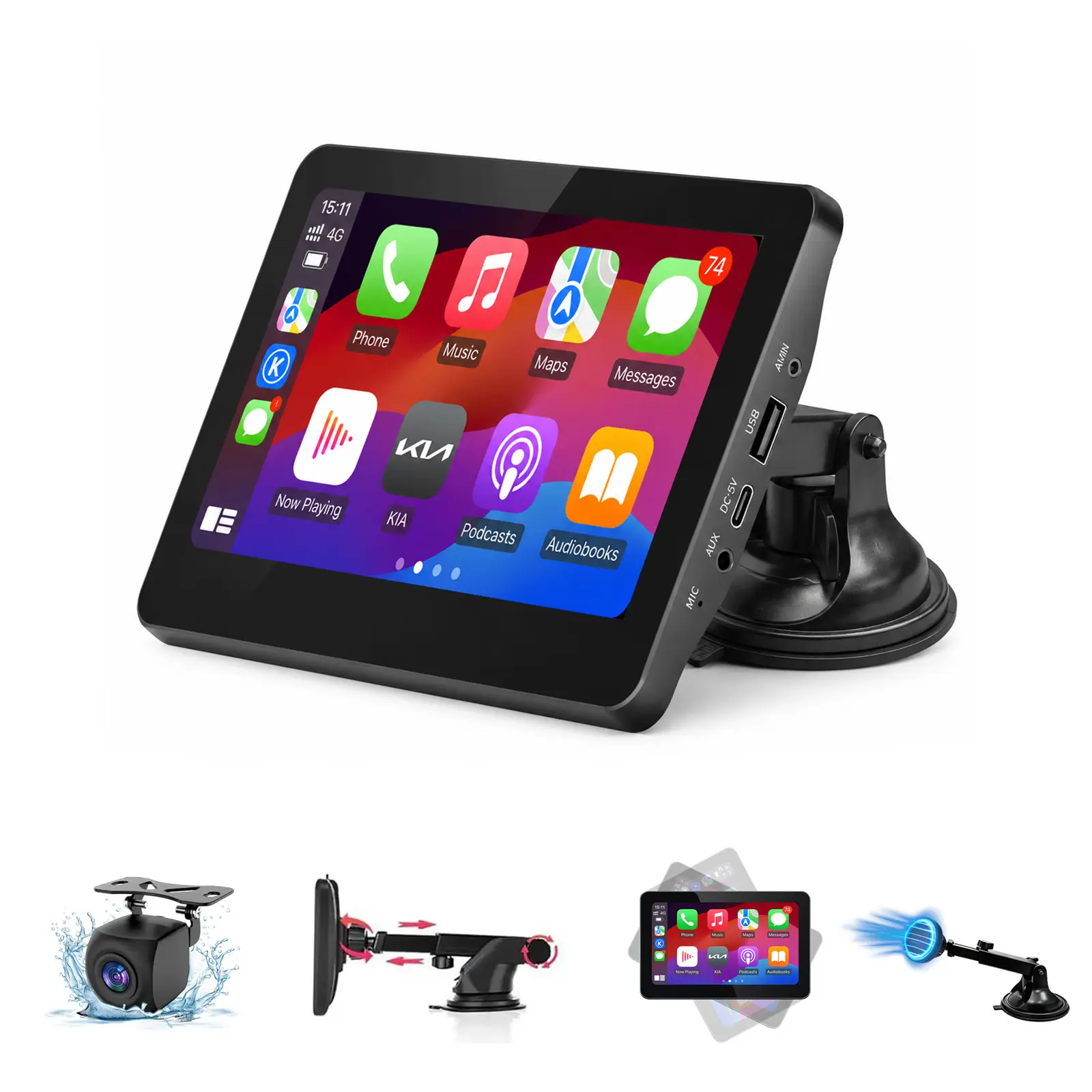 2026 Upgraded Wireless CarPlay Screen for Car,  With Apple CarPlay & Android Auto, 7" HD Portable Stereo Touchscreen, CarPlay Screen with Backup Camera, Mirror Link, Bluetooth Hands-Free, Maps Navigation, for All Vehicle