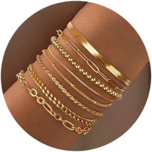 ZELORES 8 Pcs Ladies Gold and Silver Color Matching Wristband Set 14K Gold-plated Exquisite Chain Pearls Stainless Steel Stackable Bracelet., Daily Wear, Casual