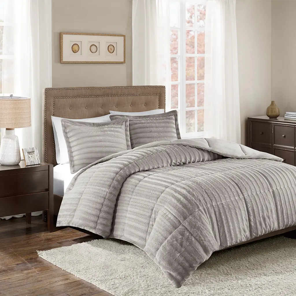 Faux Fur Comforter Mini Set, King/Cal King, Plush Beige Bedding with Sham, Soft Fluffy Blanket for Bedroom, Guest Room, Dorm, Machine Washable