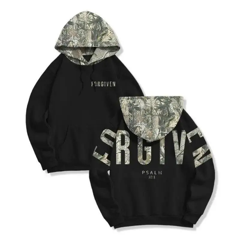 Forgiven Psalm 32:1 Camo Hoodie – Christian Bible Verse Fleece Hooded Sweatshirt with Dead Leaves Camouflage Print, Faith Streetwear for Men & Women