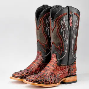 Cognac Caiman Neck Leather Boots - Square Toe