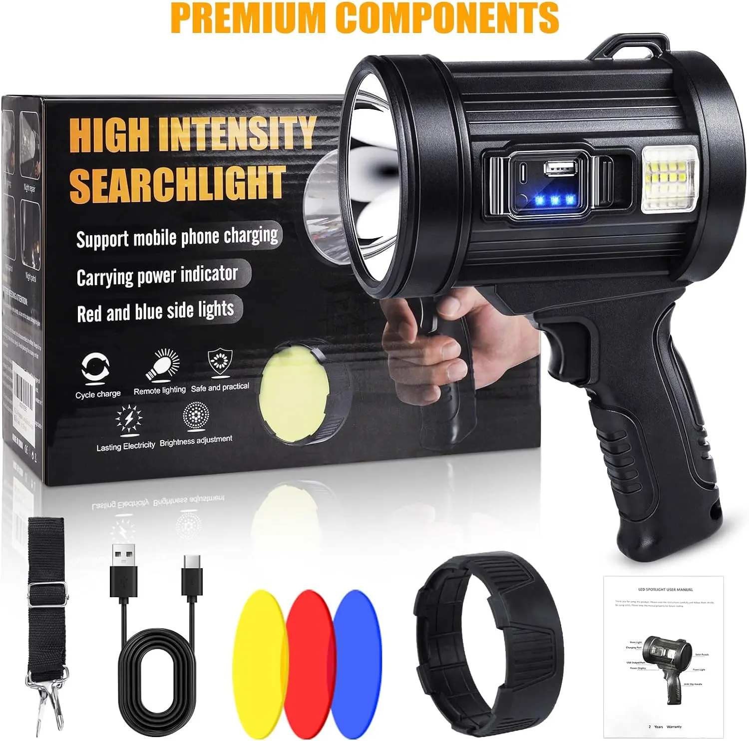 LED Spotlight Rechargeable Bright LED Spotlight Flashlight, Long Running Spot Light Searchlight, Outdoor Handheld Spotlights with Solar Panels for Hunting,Camping,Boat,6 Spotlight Modes Lighting Torch