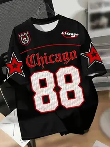 Chicago 88 Star Men's Round Neck T-Shirt, Chicago Pattern with Accents, Lightweight Polyester Fabric, Ideal Gift for Sports Fans