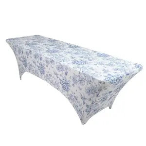 8ft Spandex Fitted Rectangle Tablecloth – White & Blue French Toile Wrinkle-Free Stretch Table Cover