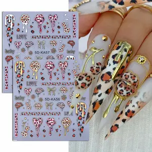 2 Pcs Leopard Print 3D Nail Stickers, Heart Cherry Classic Elegant Design, DIY Self-Adhesive Nail Art Decals for Women and Girls