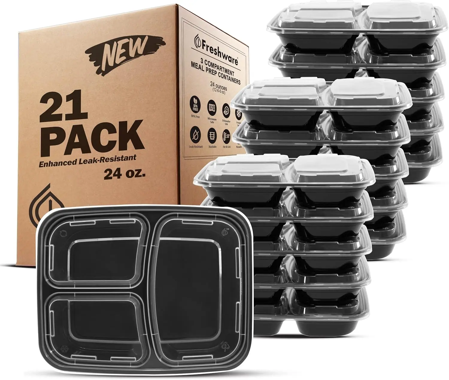 FRESHWARE 24oz 3-Compartment Bento Meal Prep Containers (21 Pcs) - Lightweight, Airtight, Leakproof, Resealable Divided Portion-Controlled Food Storage Boxes with Lids, Microwave/Dishwasher/Freezer Safe Stackable Kitchen Supplies, Airtight Food Containers