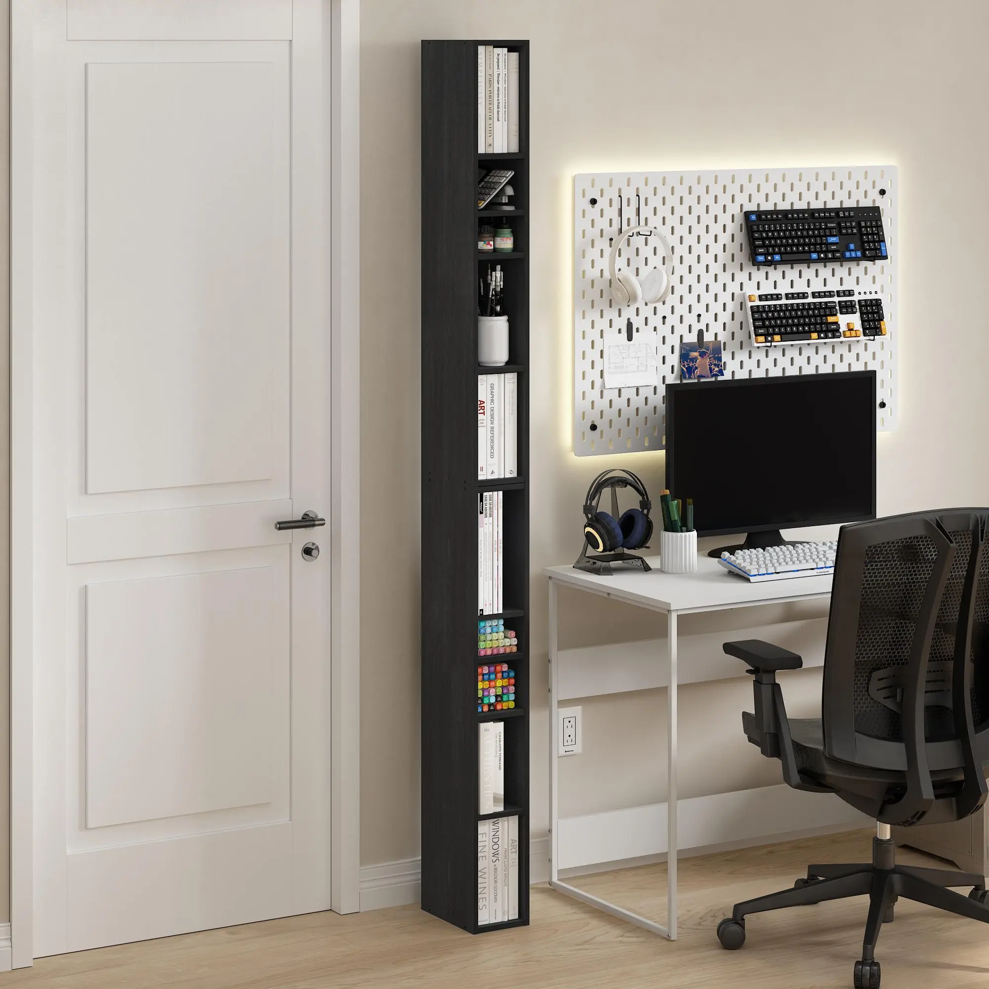 FULDA 10-Tier Modern Adjustable Floor Standing Bookshelf, Blackwood Space-Saving Storage Shelf, 9.2x5.9x78.7in, for Living Room, Home Office, Adjustable Bookshelf