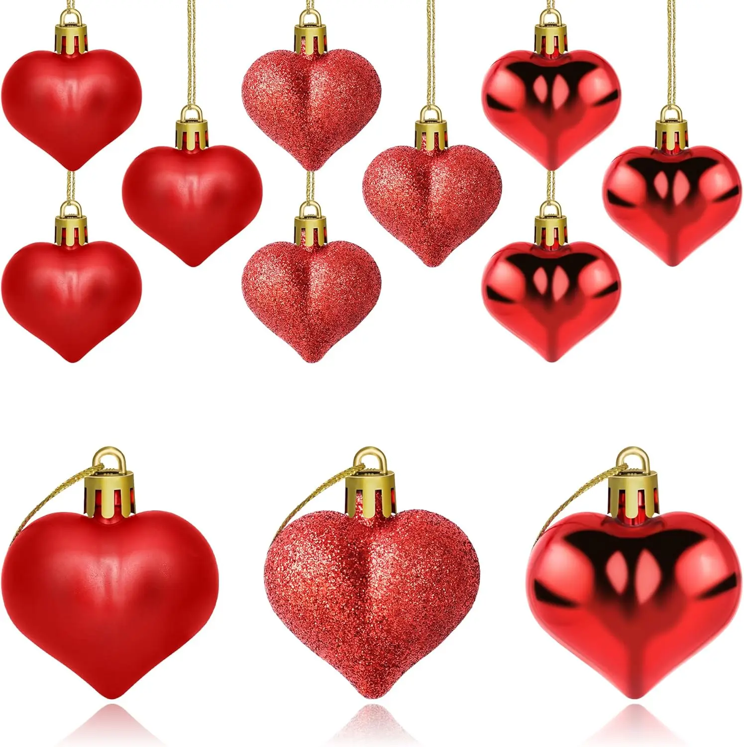 [New deal] - 12 PCS Heart Ornaments 3 Different Finishes Heart Shaped Hanging Ornaments for Valentine’s Day Wedding Christmas Tree Mother's Day Anniversary Party Decoration (Red)