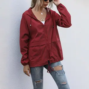 Women Water Resistant Hooded Jacket, Solid Color Zipper Open Front Drawstring Coat, S/ M/ L/ XL/ XXL